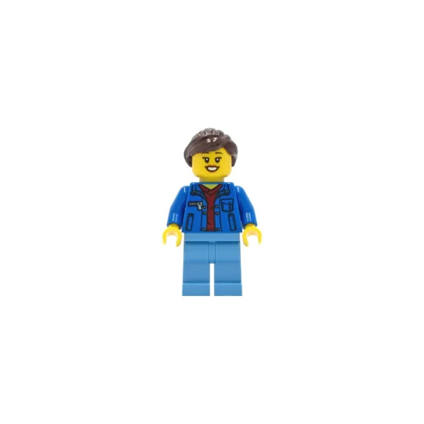 LEGO Town Kadın Minifigür – Mavi Ceketli, Bordo Kazaklı ve Kahverengi Saçlı TWN409